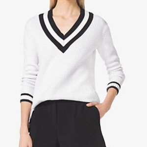 Michael Kors Cotton Blend V Neck Varsity Sweater